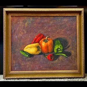 VINTAGE Original Oil Impasto STILL LIFE Colorful Peppers Signed Framed